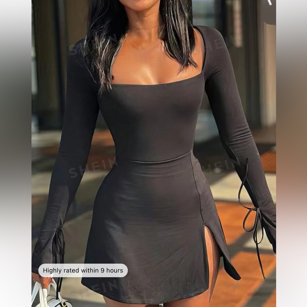Black Long-Sleeved Bodycon Slit Hem Bodycon Dress M